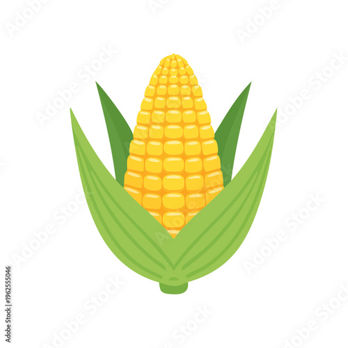 Bright yellow corn cob with green leaves a healthy and natural food illustration