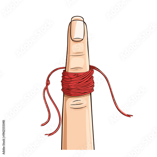 Red string wrapped around a finger as a reminder or to prevent forgetting something important.