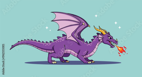 Purple Dragon Breathing Fire Vector.