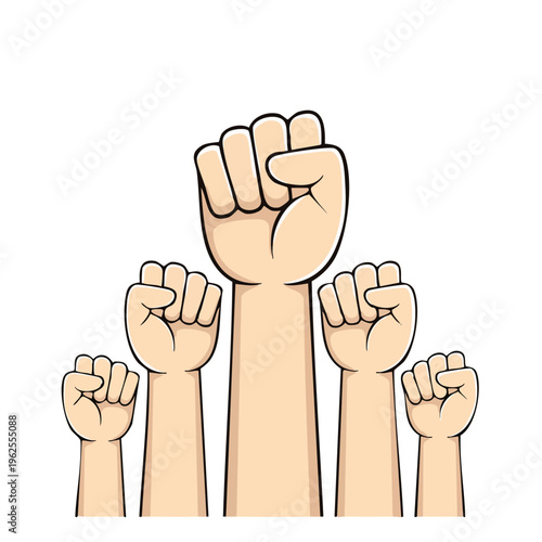 Many clenched fists raised in the air showing solidarity and strength