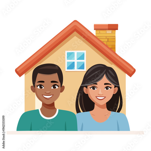 Happy multiracial couple smiling in front of a simple cartoon house with a brick chimney