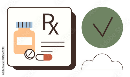 Healthcare, medication management, prescription approval, pharmaceutical services, patient safety, drug compliance. Pill bottle, capsules and checkmark icon. Healthcare and medication management