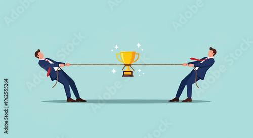 Two businessmen in a tug of war for a golden trophy.