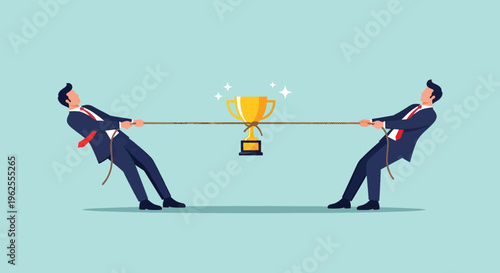 Two businessmen in suits competing in a tugofwar for a trophy.