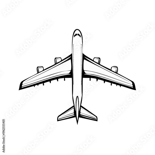 Overhead view of a stylized modern jet airplane with wide wings and four engines in black and white outline