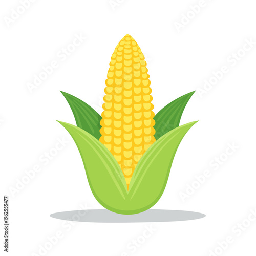 Ripe Yellow Corn Cob with Green Leaves and Husk, Simple Vector Illustration