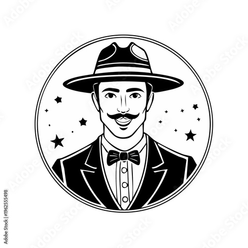 Circus Ringmaster Smiling in a Hat with Stars Vintage Style Illustration