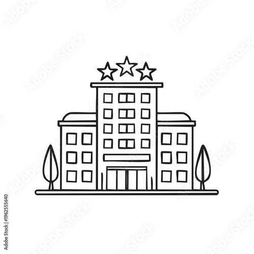 Stylized Three-Star Hotel Building Icon with Trees