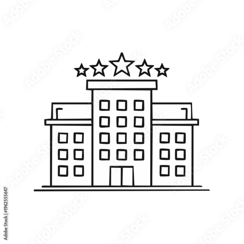 Simple line art icon of a five star hotel building with symmetrical windows and a prominent entrance