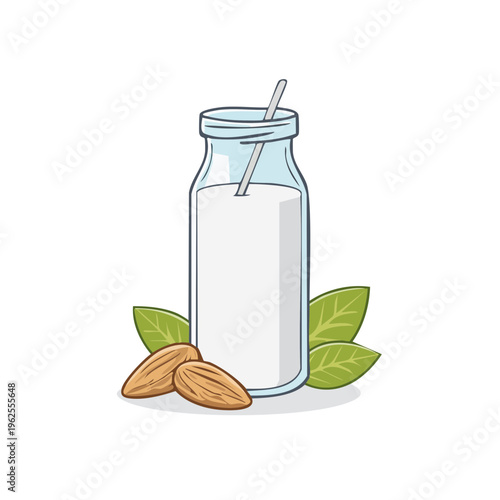 Glass bottle filled with almond milk and straw, surrounded by almonds and leaves