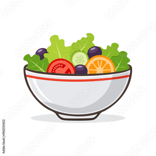 Fresh Vegetable Salad in White Bowl with Tomato Cucumber Orange Slices and Olives