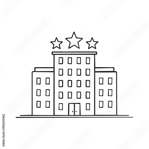 Simple outline drawing of a multi story hotel building with three stars on top