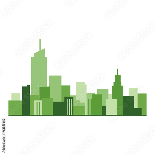Green city skyline silhouette, eco-friendly urban architecture icon, sustainable metropolitan buildings on white background, modern cityscape vector