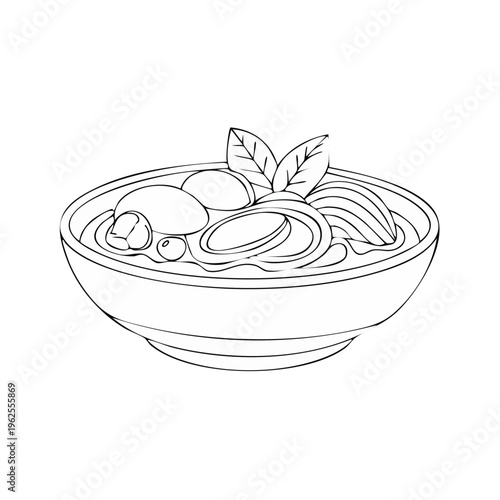 Hand drawn illustration of a bowl of noodles with mushrooms and basil