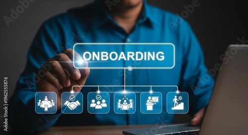 Man's hand interacts with a glowing 'ONBOARDING' text box and related business icons in a conceptual digital.