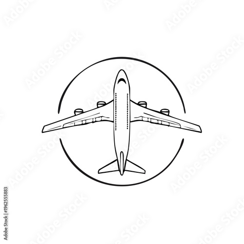 Top view illustration of a jet airplane with four engines inside a circular emblem