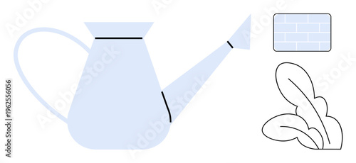 Gardening, sustainability, horticulture, landscaping, eco-friendly lifestyle, home decor. A watering can, leafy plants and a brick wall texture. Gardening and sustainability concept