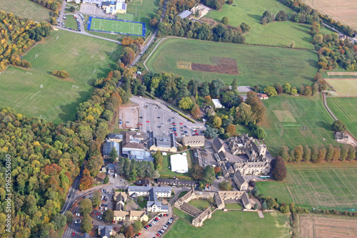 Aerial view of the fields and a mansion in Wiltshire	