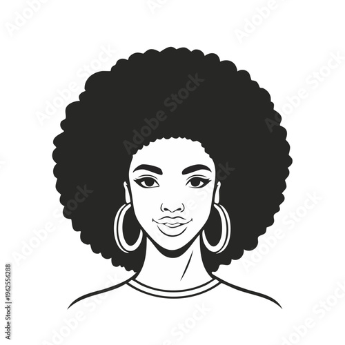 Stylized Black and White Portrait of a Woman with Large Afro and Hoop Earrings