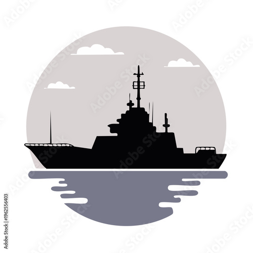 Silhouette of a modern warship sailing on the sea with clouds in the background