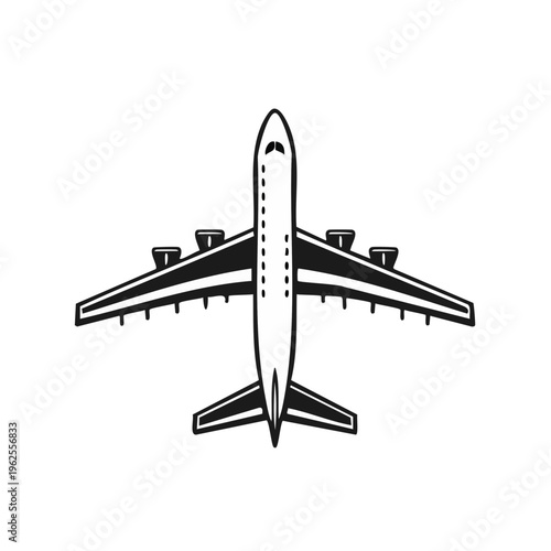Top view stylized graphic of a commercial jet airliner in flight with four engines