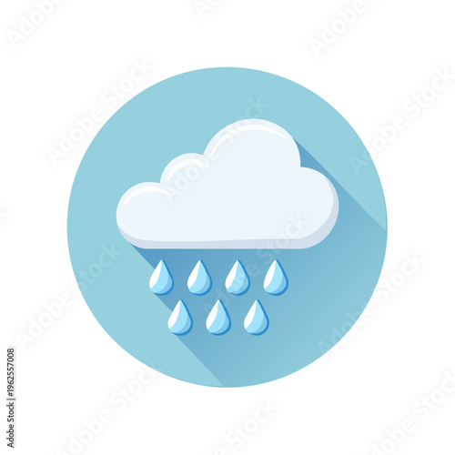 White fluffy cloud raining water drops on a light blue circular background with shadow