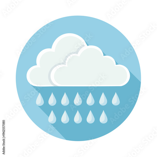 Stylized flat icon of a rain cloud with falling water droplets and long shadow