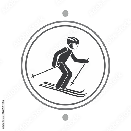 Monochromatic skier icon in a circle, skiing downhill with poles, wearing helmet and ski goggles.