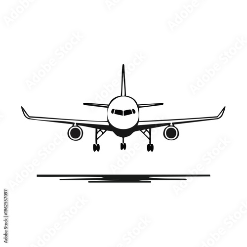 Airplane jet descending with landing gear deployed shown in a front view line drawing.