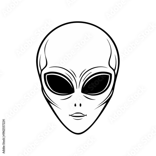 Minimalist black and white illustration of an alien face with large dark eyes and smooth skin
