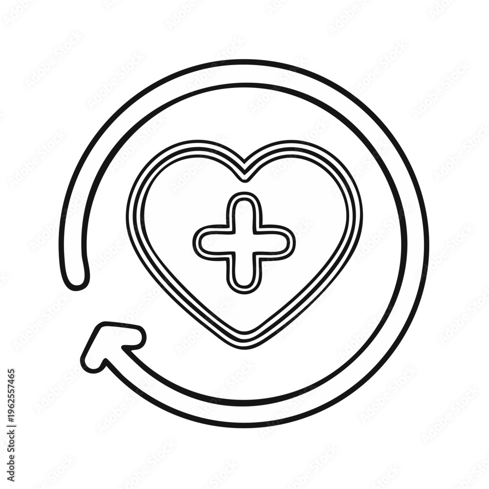 Fototapeta premium Outline heart symbol with medical cross inside a circular arrow icon