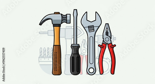 Hand Tools Set - Hammer, Screwdriver, Wrench, and Pliers Illustration.