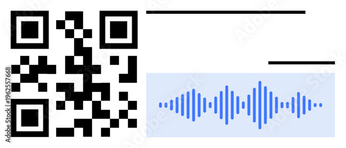 QR code concept. QR code displayed alongside an audio waveform for encoding and sharing information digitally. QR codes enable seamless communication in media, marketing, and education. Perfect
