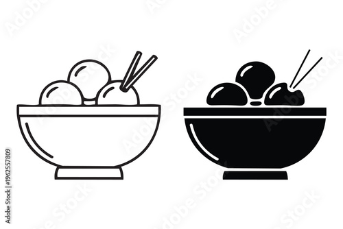 Vector illustrations of meatballs in a bowl with chopsticks presented in outline and silhouette styles