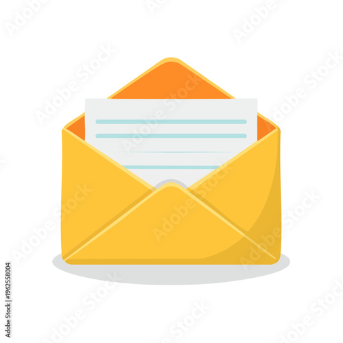 Open yellow envelope with a document inside vector illustration