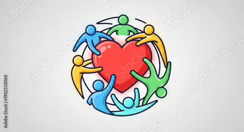 Diverse community embracing love and unity around a central heart.