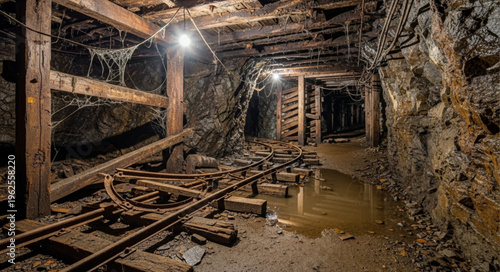Interior of a Dark and Abandoned Mine with Wooden Supports.
