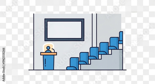Illustration of a lecture hall with a speaker at the podium.