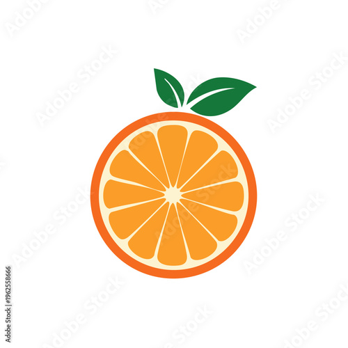 Bright orange citrus slice with green leaves graphic icon illustration