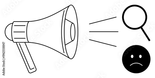 Loudspeaker projecting sound toward magnifier and sad face, symbolizing impact of communication, scrutiny, and criticism. Ideal for marketing, awareness, analysis, feedback, perception evaluation