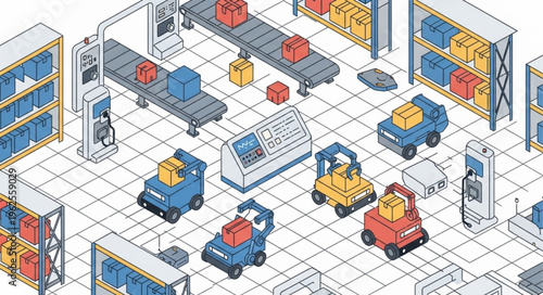 Automated Warehouse System with Conveyor Belts and Autonomous Vehicles.