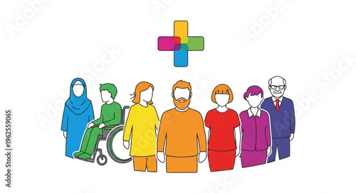 Diverse Group of People Standing Together Under a Colorful Cross Symbol.