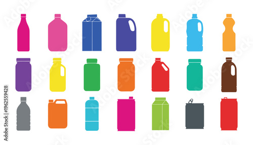 Colorful plastic bottles and containers, vector collection of diverse packaging shapes.