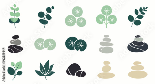 Collection of Zen spa icons including stacked stones, eucalyptus leaves, and water lilies for wellness and meditation themes