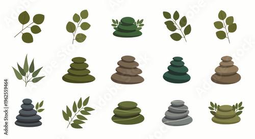 Vector set of stacked zen stones and green leaves, symbolizing balance, peace, and natural harmony. Perfect for wellness, spa, and meditation concepts.
