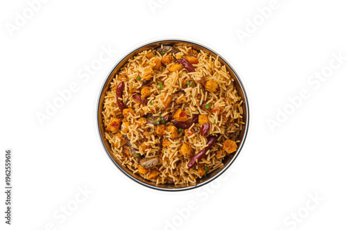 Indian biryani rice meal with chicken in bowl