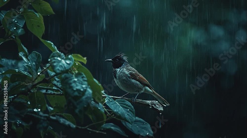 Small bird perched on a branch in a rainy, dark forest scene, surrounded by lush green leaves and wet foliage