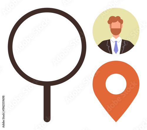 Recruitment, navigation, talent acquisition, HR, online business, job search. Magnifying glass, orange location pin and businessperson portrait. Recruitment and navigation concept