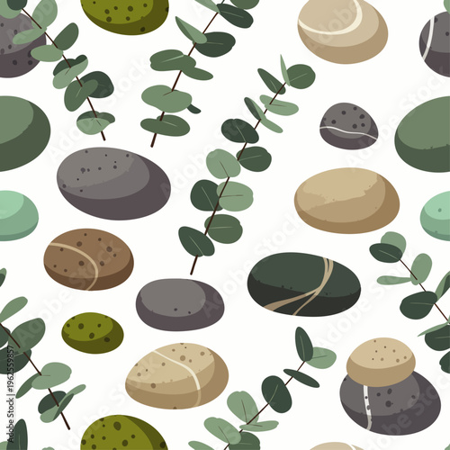 Seamless pattern with natural eucalyptus leaves and smooth river pebbles. Zen spa background, nature-inspired design for textiles and decor.