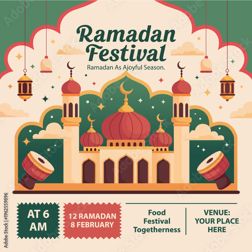 Ramadan Kareem Festival Poster Islamic Mosque  Lanterns and Crescent Moon Illustration